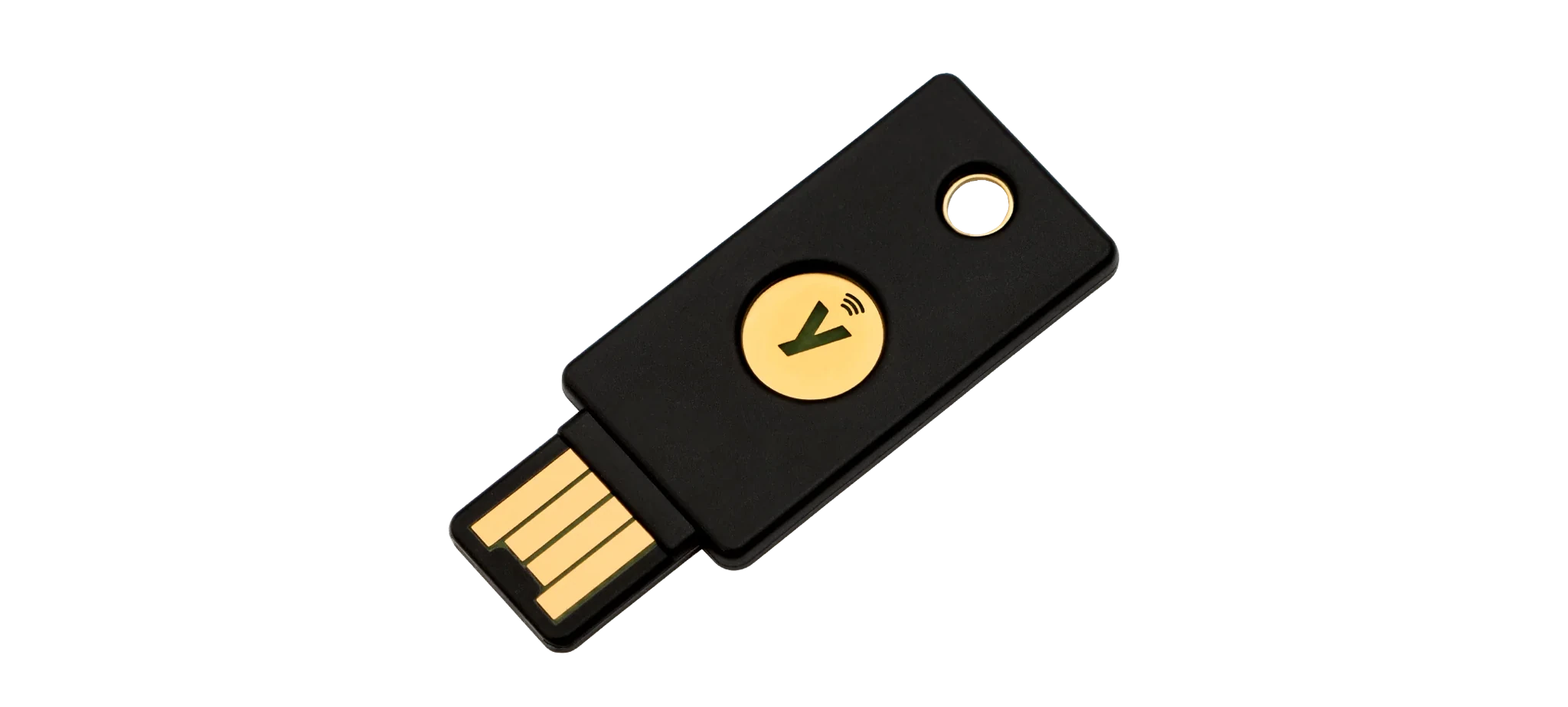 A YubiKey 5 NFC, with its round gold touch sensor